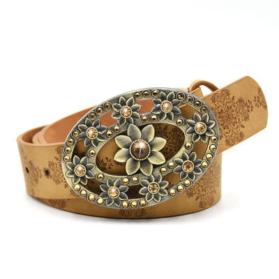 Women's Artificial Crystal Hollow Flower Buckle Leather Belt