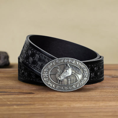 Men's DIY Horse Head Saddle Enameled Buckle Leather Belt