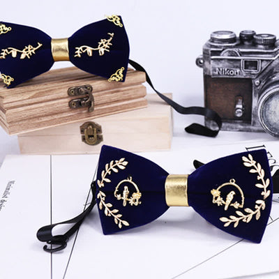 Men's Gold Applique Metal Leaf Decoration Bow Tie