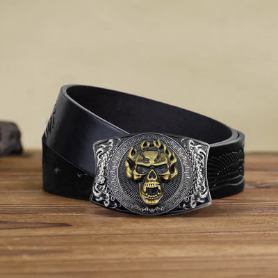 Men's DIY Flame Skull Hidden Folding Knife Leather Belt