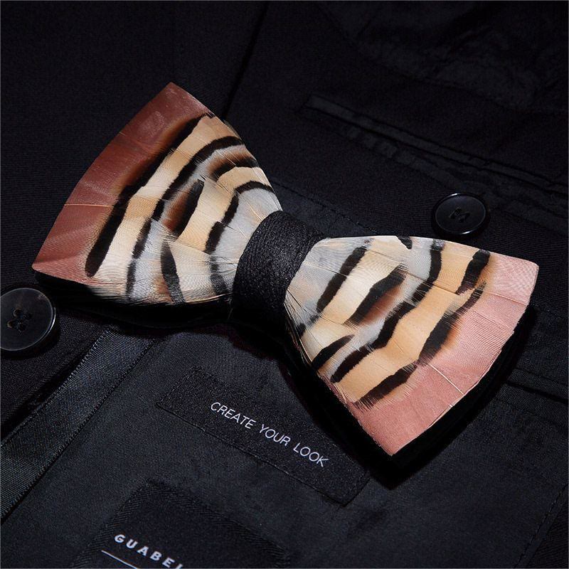 Brown & LightCoral Genius Chinchilla Feather Bow Tie with Lapel Pin