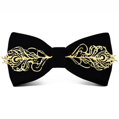 Men's Dark Burgundy Gold Metal Flower Leaves Bow Tie