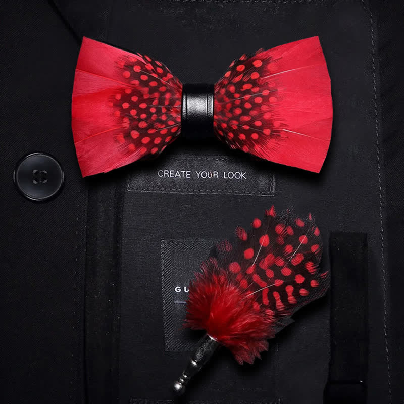 Red & Black Finch Feather Bow Tie with Lapel Pin