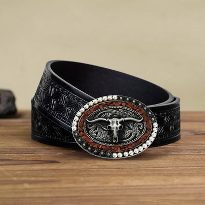 Men's DIY Sparkling Pearl Stones Bull Buckle Leather Belt