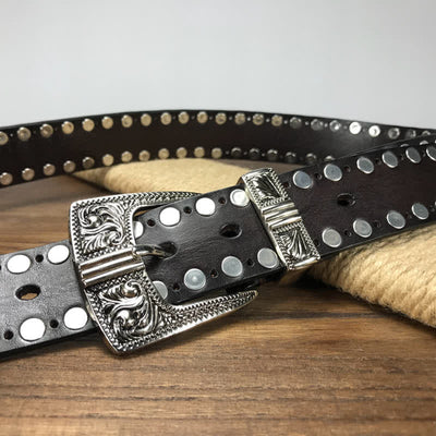 Western Two Rows Round Rivets Studded Leather Belt