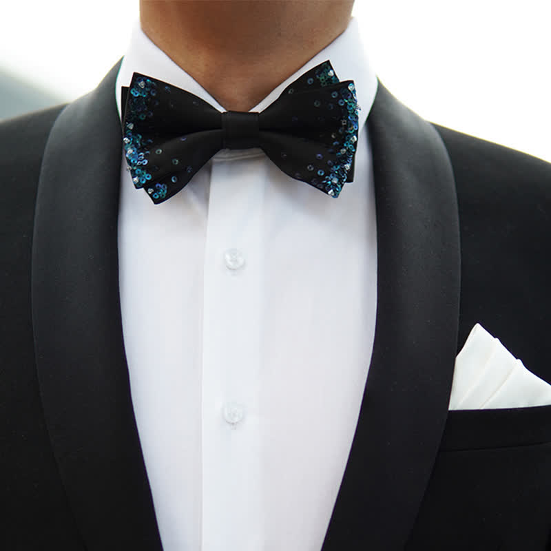 Men's Blue Shine Sequin Black Bow Tie