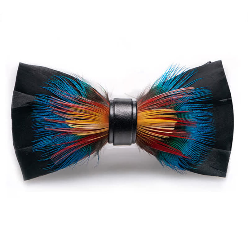 Kid's Black & Multicolored Blossom Feather Bow Tie with Lapel Pin