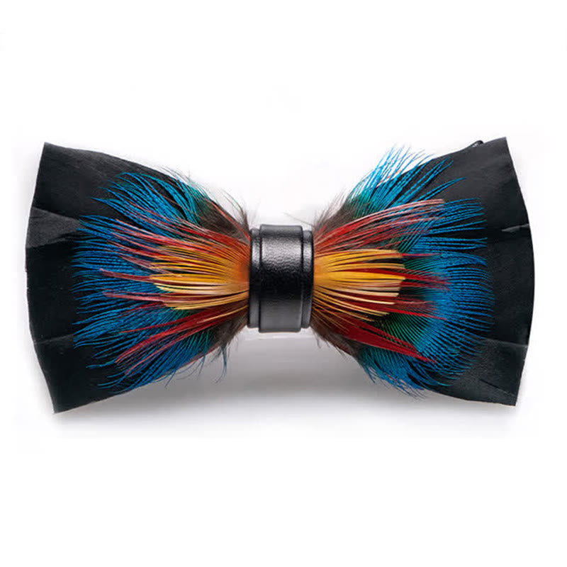 Black & Multicolored Blossom Feather Bow Tie with Lapel Pin