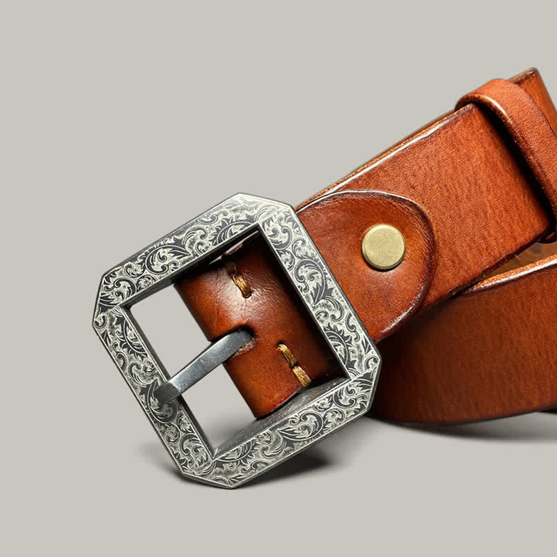 Square Floral Engraved Buckle Pants Leather Belt