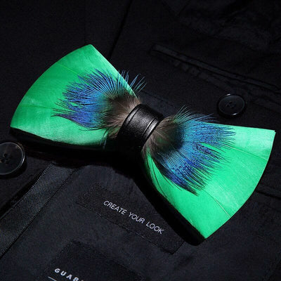Kid's Blue & Green Novelty Feather Bow Tie with Lapel Pin