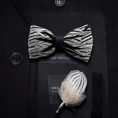 Black & White Zebra Stripe Feather Bow Tie with Lapel Pin