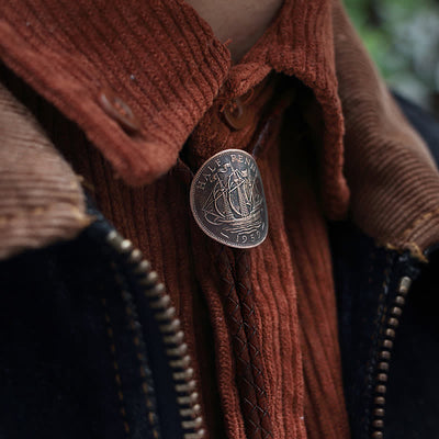 Three Sailboats Ancient Coin Leather Bolo Tie