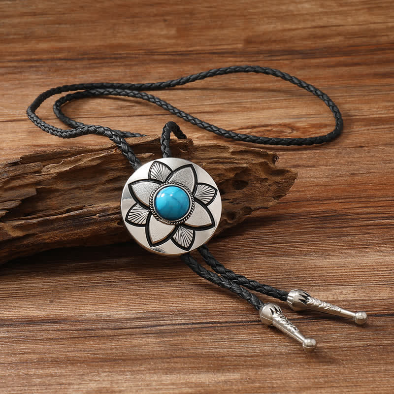 Oval Carved Petal Black Turquoise Stone Bolo Tie