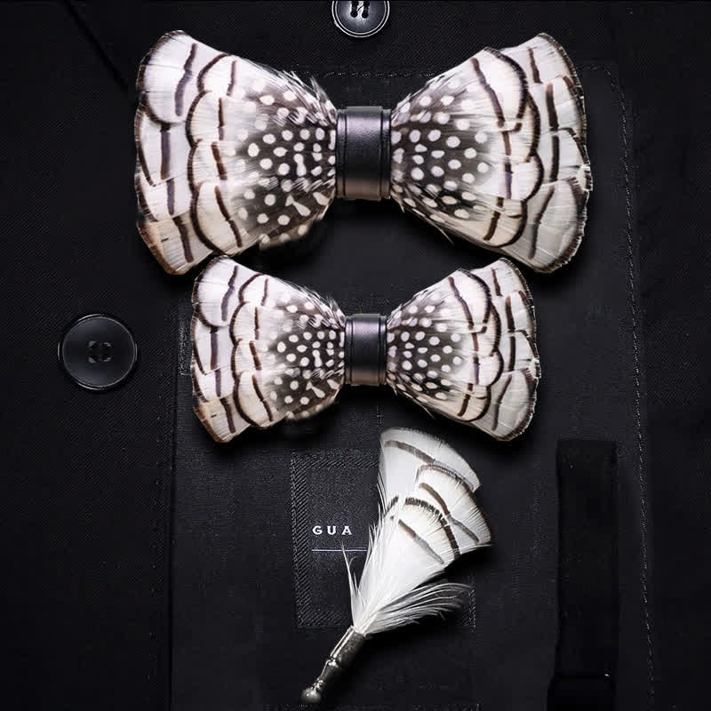 Kid's Bold Black & White Polka Feather Bow Tie with Lapel Pin