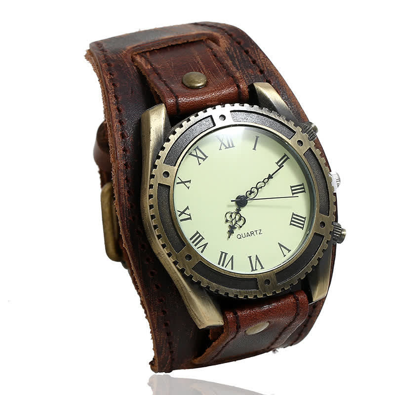 Men's Roman Numerals Gear Cuff Leather Watch