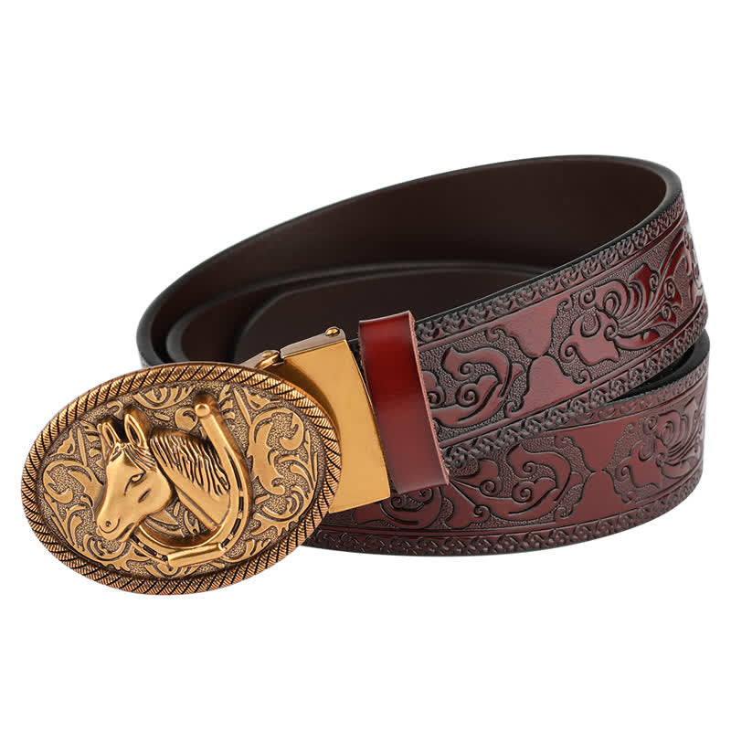 Men's Horse Automatic Buckle Vintage Western Style Leather Belt