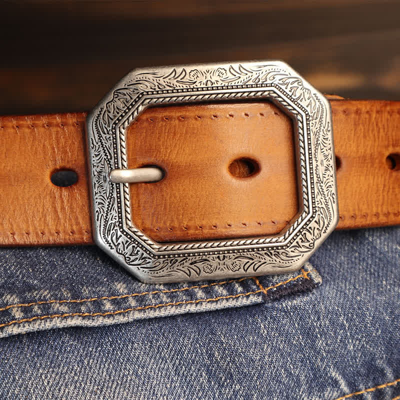 Men's Square Floral Engraved Buckle Distressed Leather Belt