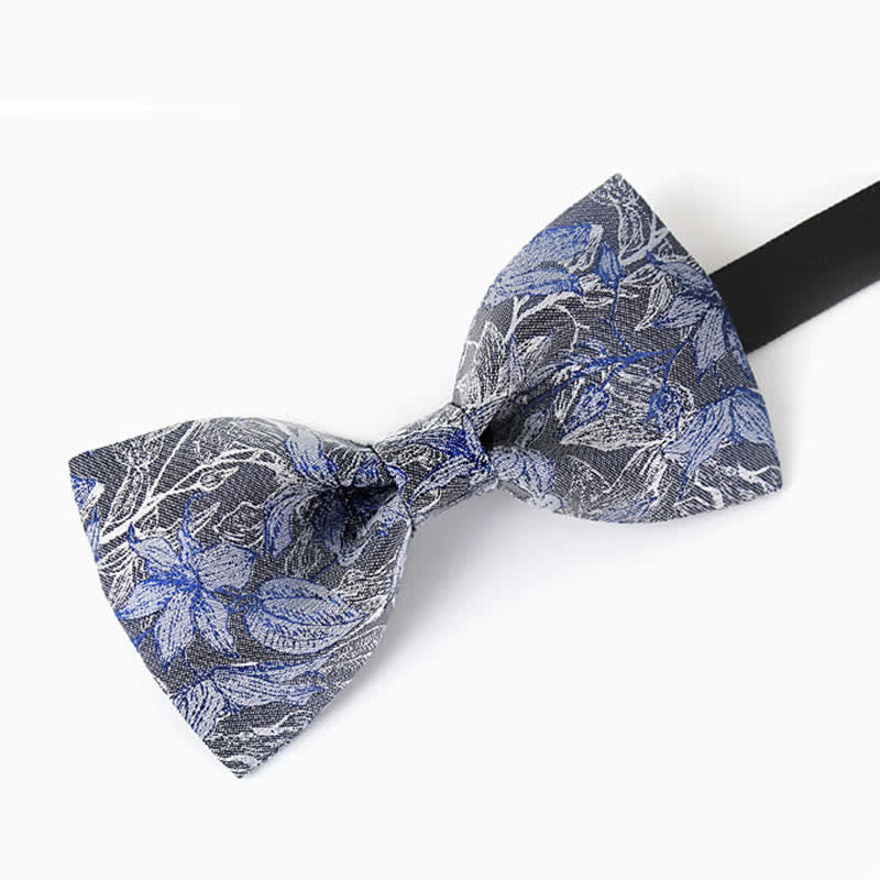 Men's Gray & Blue Flower Leaves Silk Bow Tie