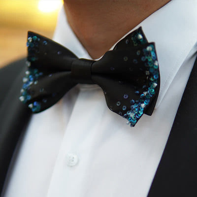 Men's Blue Shine Sequin Black Bow Tie