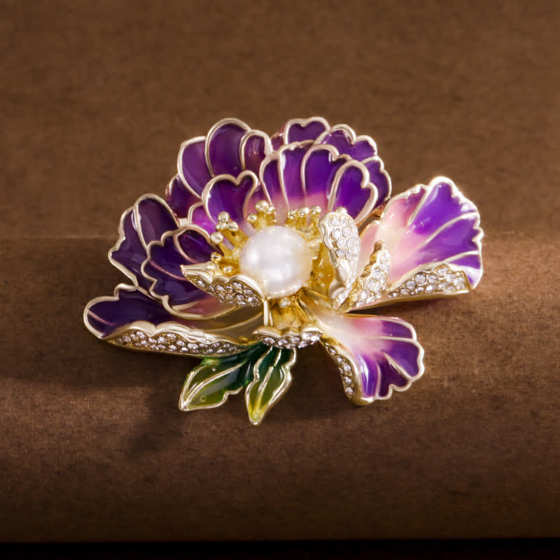 Women's Enamel Peony Flowers Pearl Inlaid Brooch