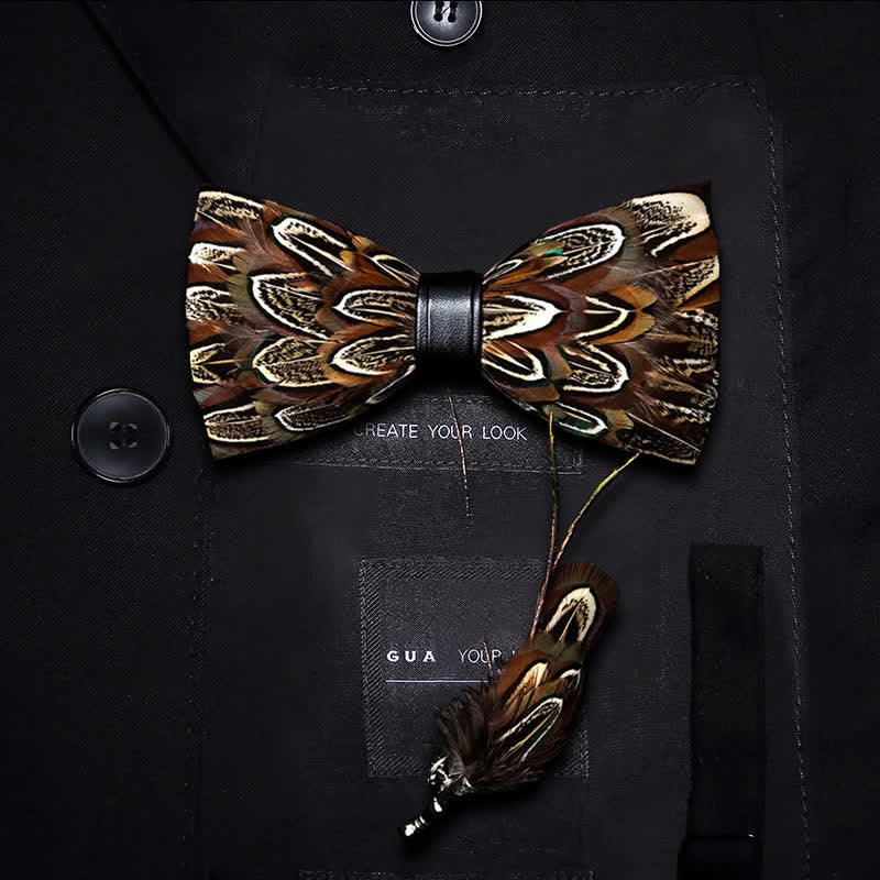 Brown Pheasant Feather Bow Tie with Lapel Pin