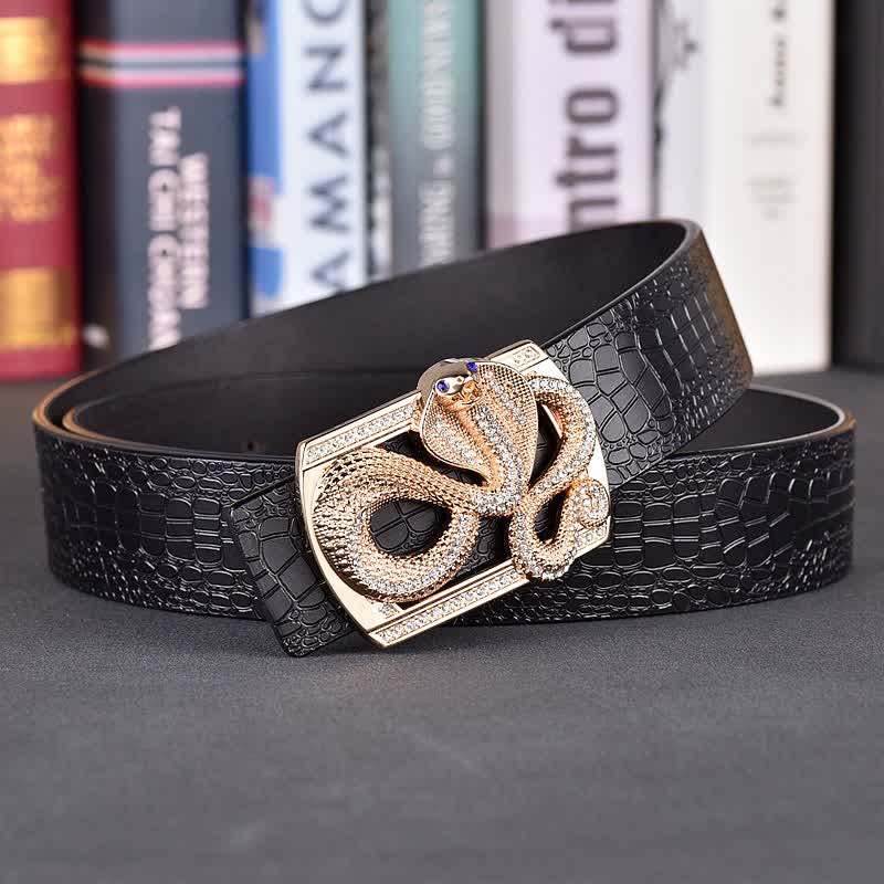 Men's Snake Rhinestone Crocodile Print Buckle Leather Belt