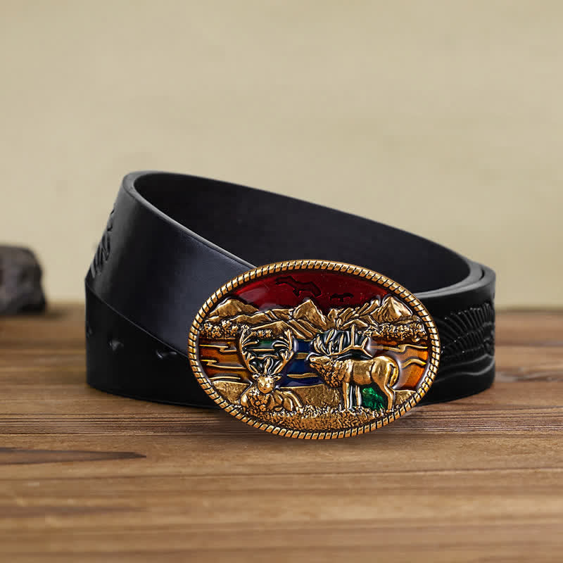 Men's DIY Enamel Wild Deer Buckle Leather Belt