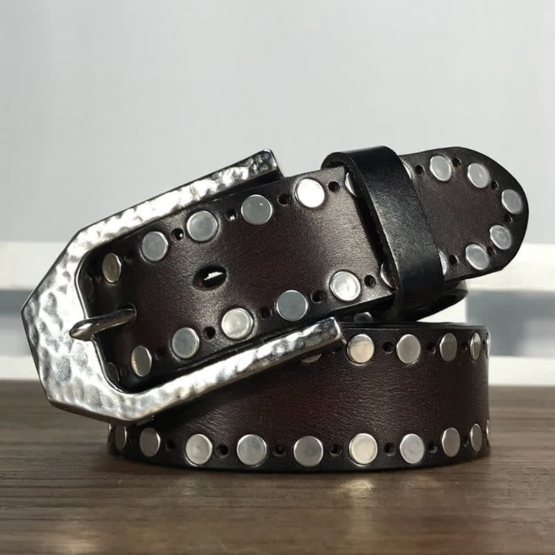 Hammer Buckle Two Rows Rivets Studs Leather Belt