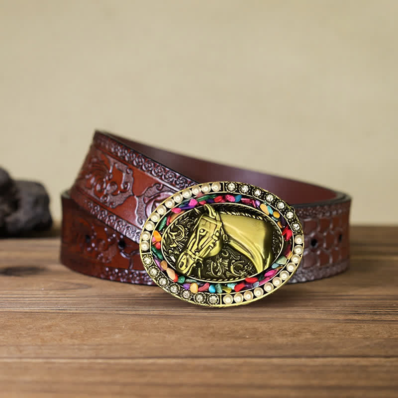 Men's DIY Bronze Horse Pearl Stone Buckle Leather Belt