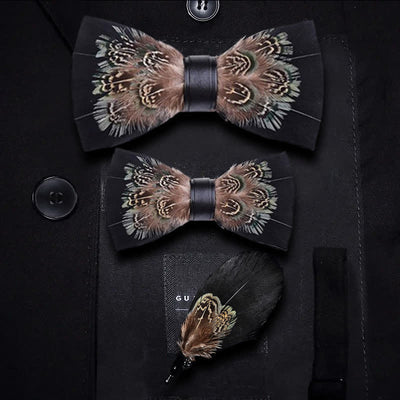 Kid's Black & Brown Rich Pheasant Feather Bow Tie with Lapel Pin