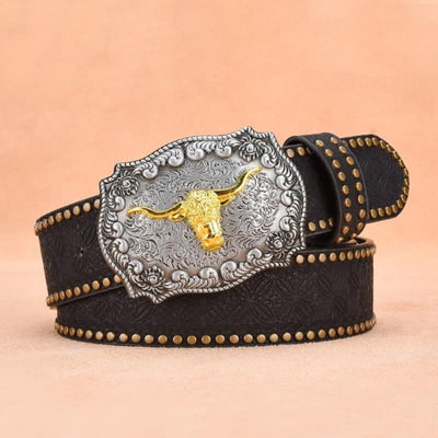 Men's Punk Rivet Gold Longhorn Bull Leather Belt