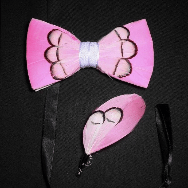 Powerfully Pink Feather Bow Tie with Lapel Pin