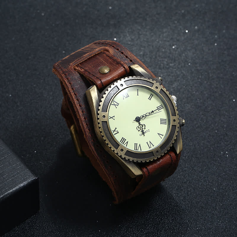 Men's Roman Numerals Gear Cuff Leather Watch