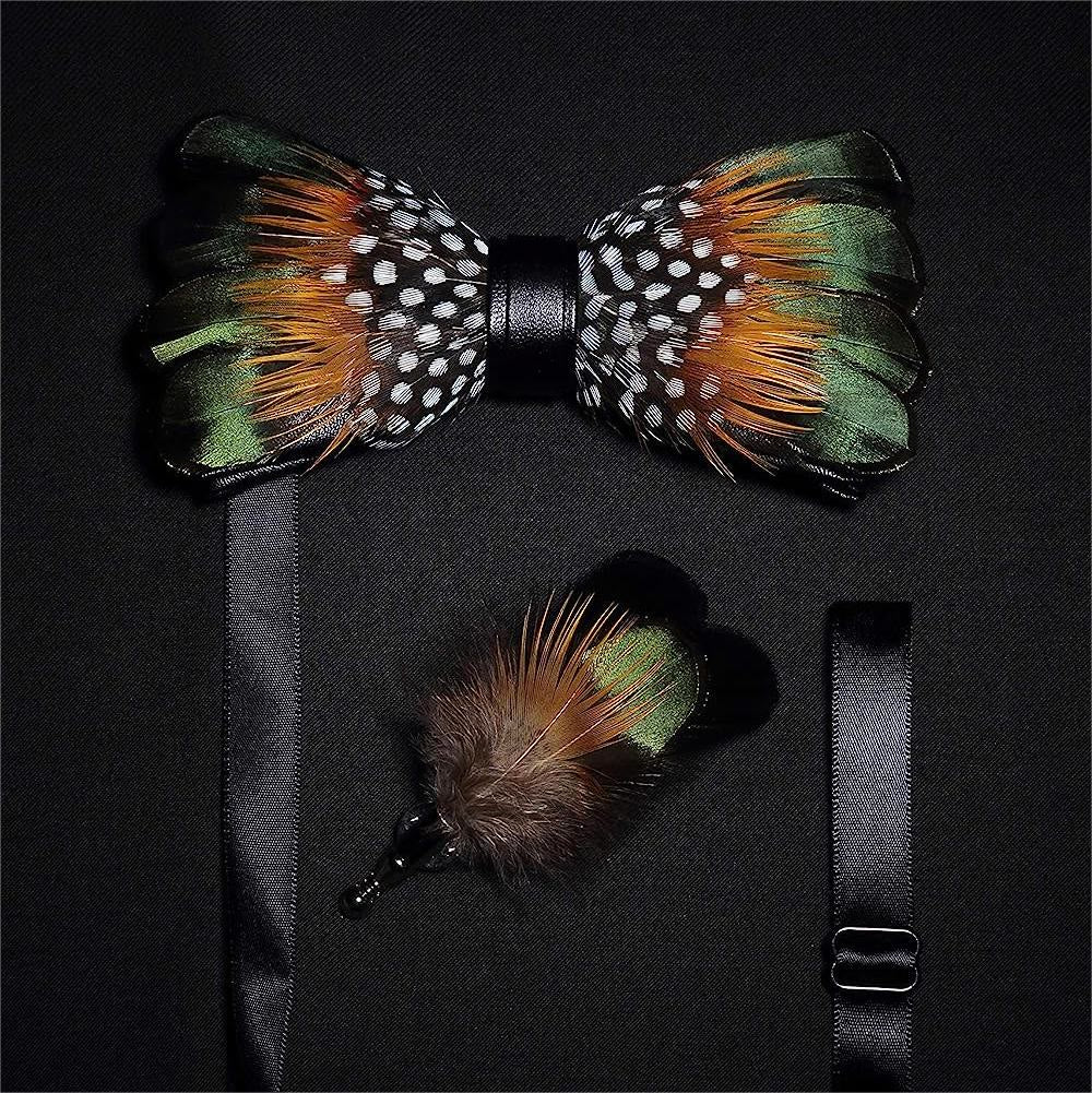 Kid's ForestGreen & Orange Vintage Feather Bow Tie with Lapel Pin