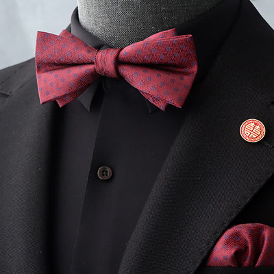 2Pcs Men's Burgundy Floral Bow Tie Handkerchief Set