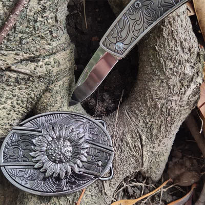 Men's DIY Sunflower Hidden Folding Knife Leather Belt