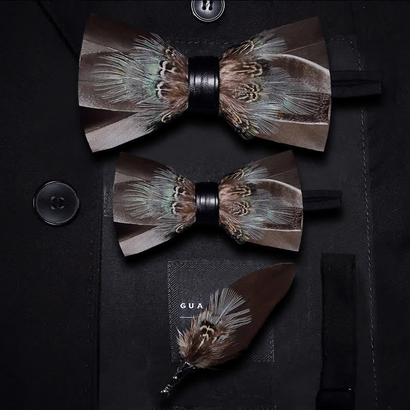 Brown Rustic Feather Bow Tie with Lapel Pin