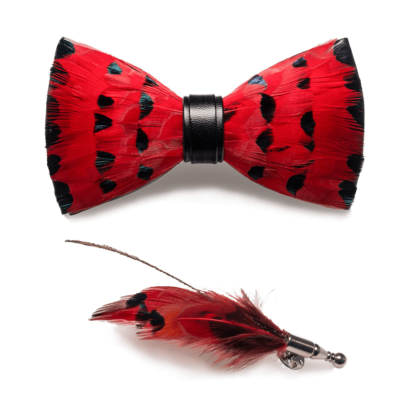 Red Finch Tail Feather Bow Tie with Lapel Pin
