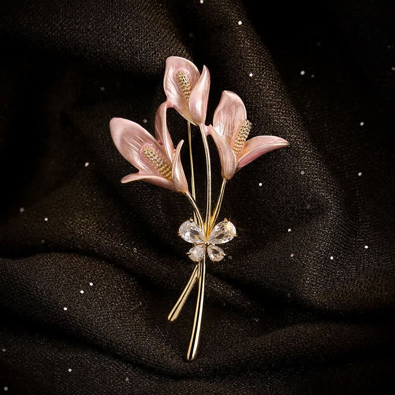 Women's Pink Lily Flower Zircon Enamel Brooch