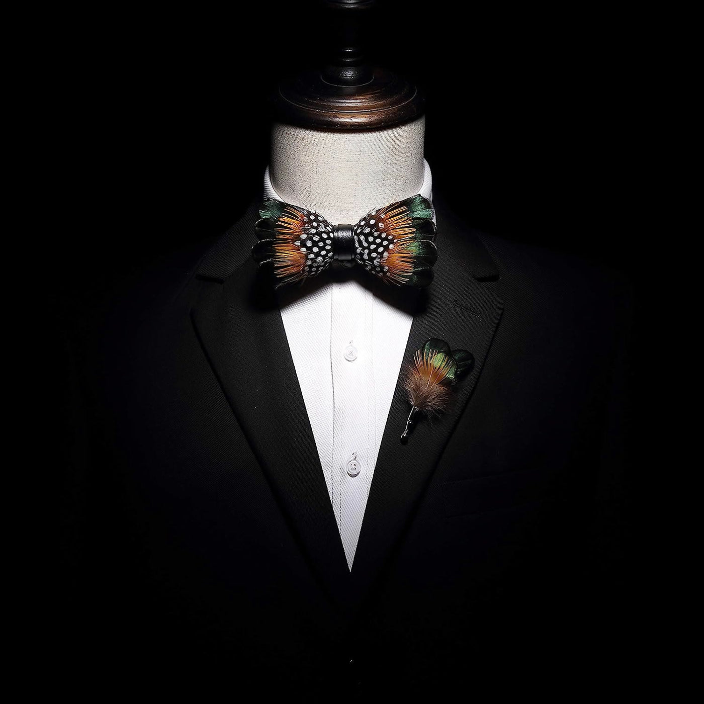 ForestGreen & Orange Vintage Feather Bow Tie with Lapel Pin