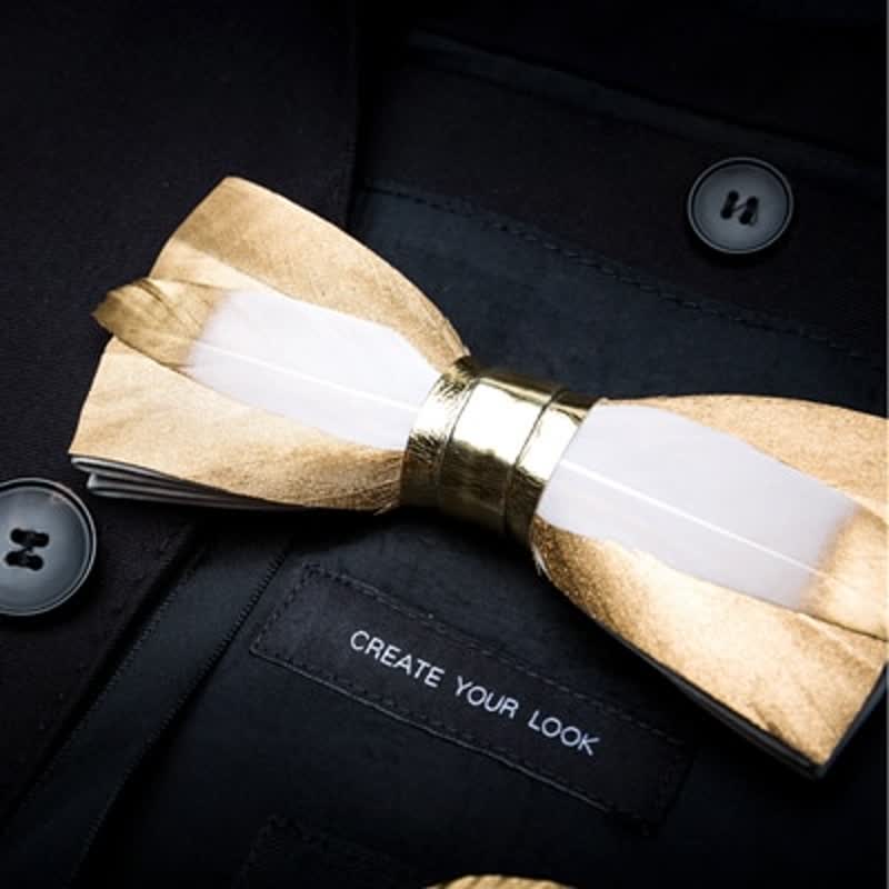 Kid's Gold & White Butterscotch Feather Bow Tie with Lapel Pin