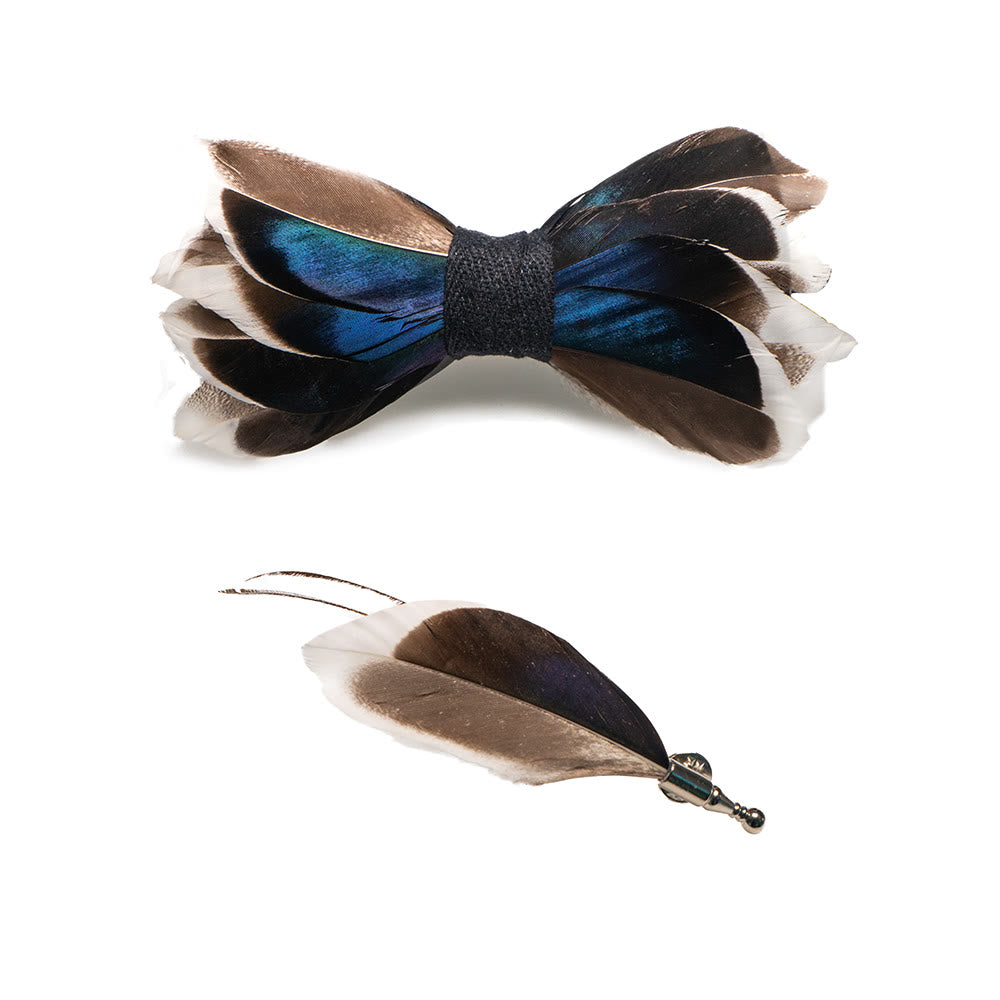 DarkBlue & Brown Graceful Feather Bow Tie with Lapel Pin