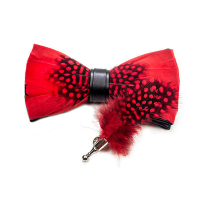 Red & Black Finch Feather Bow Tie with Lapel Pin