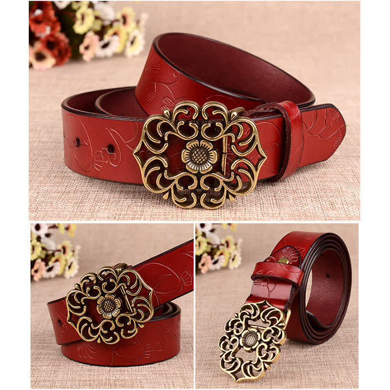 Women's Hollow Sunflower Retro Embossed Leather Belt