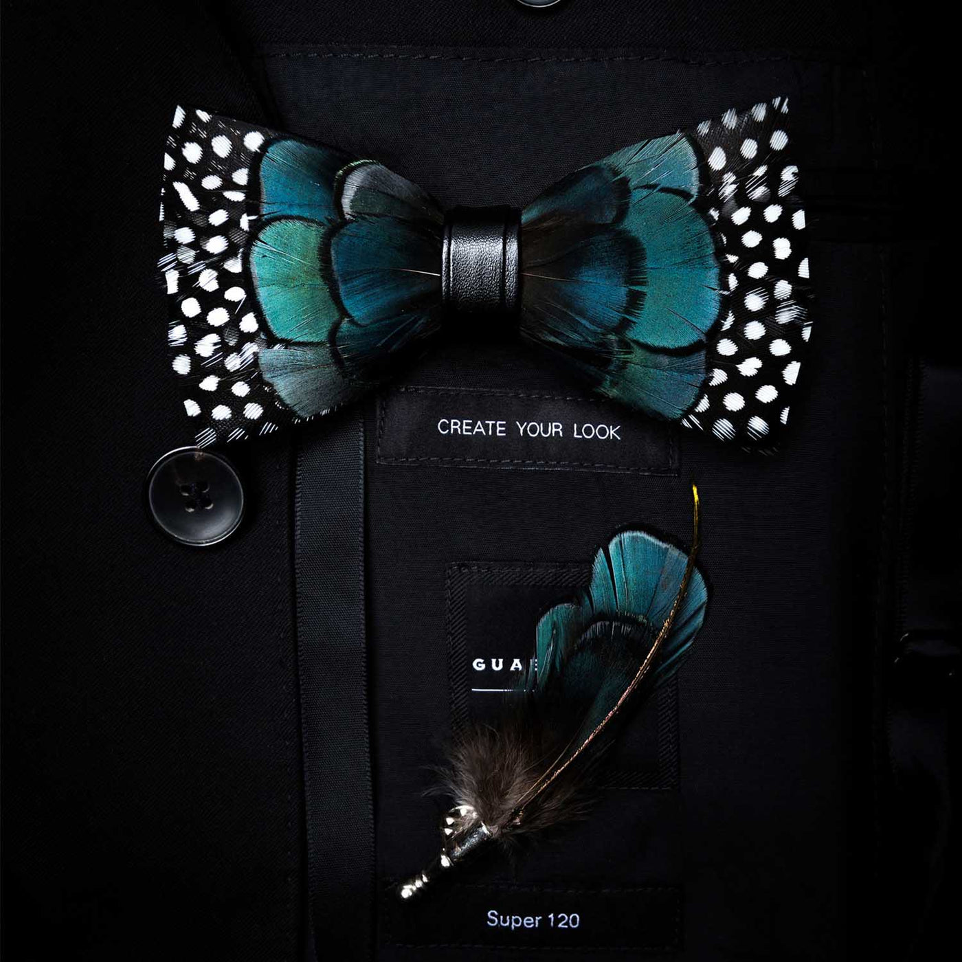 Turquoise & Black Feather Bow Tie with Lapel Pin