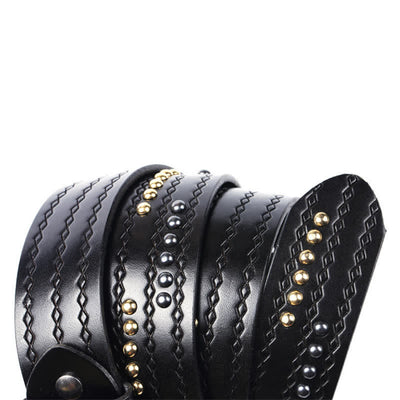 Round Rivet Fancy Stitch Embossed Pattern Leather Belt