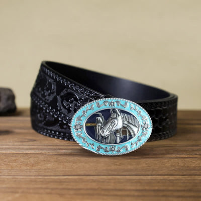 Men's DIY Horse Head Saddle Enameled Buckle Leather Belt