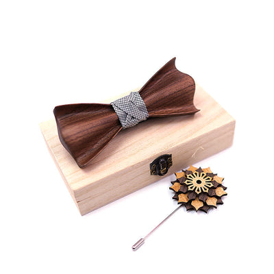 2Pcs Men's 3D Design Black Walnut Wooden Bow Tie Set