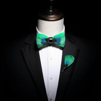 Blue & Green Novelty Feather Bow Tie with Lapel Pin