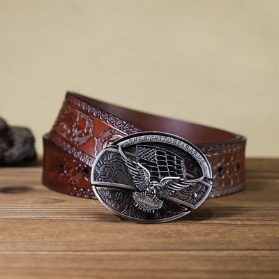 Men's DIY Eagle USA Flag Hidden Folding Knife Leather Belt